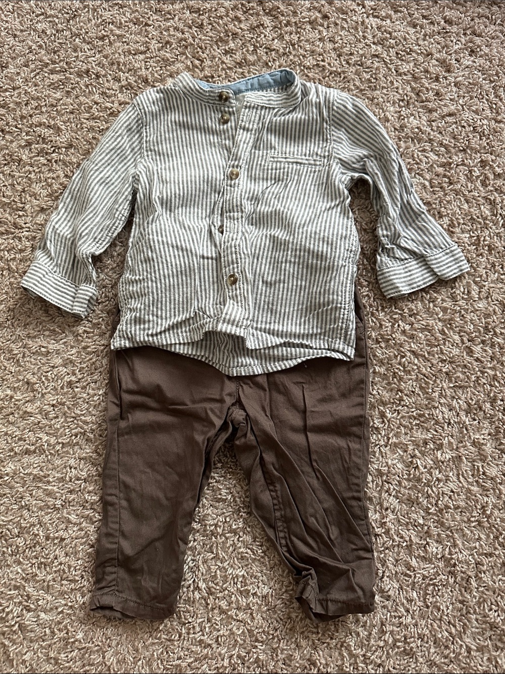 Striped Button-Front Baby Shirt with Brown Pants - Neutral Set